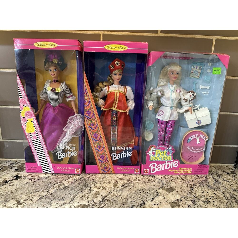 LOT x 3 Mattel Barbies NIB 1996 Collectors Ed French + Russian + Veterinarian